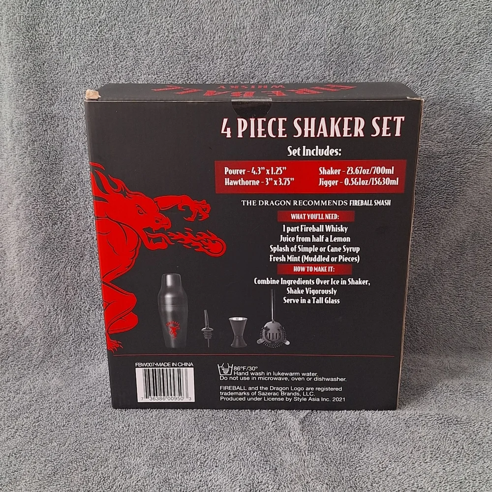 FIREBALL® 4 PIECE SHAKER SET(Hawthorne Strainer, Shaker, Jigger) NWT